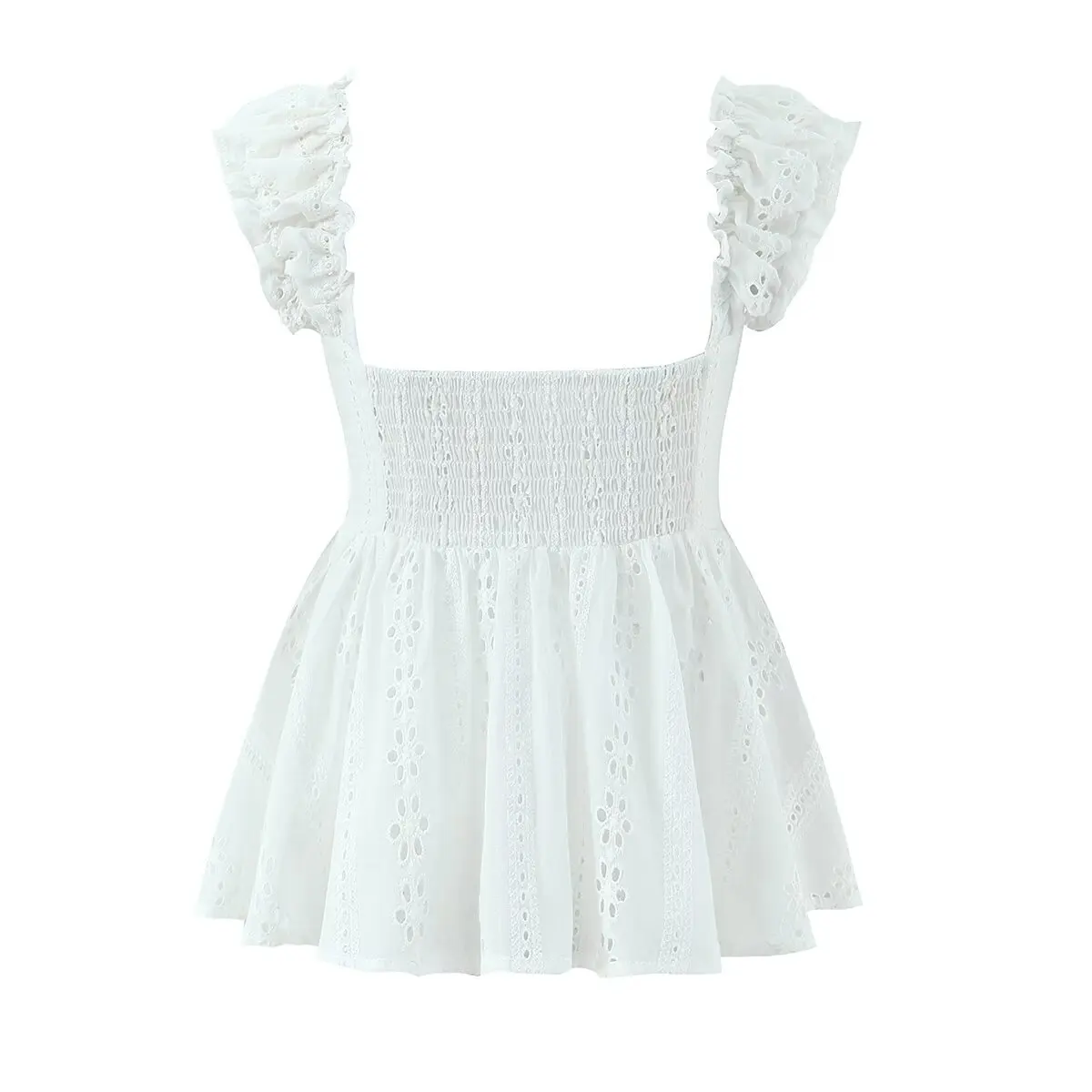 Women's Internet Celebrity Fashion Casual Cotton Embroidered Blouse Women White Eyelet Embroidery Ruffle Strap Peplum Top DOMY