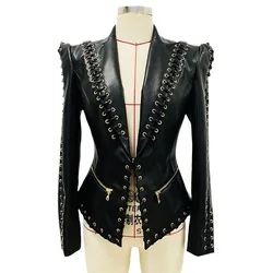 JAMERARY High Quality Autumn New Brand Designer Chicken Eyes Tie Rope Leather Coat Women Jackets Black Holiday Zipper Tops