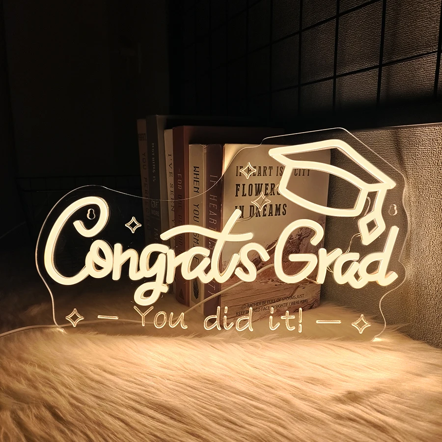 

Неоновая вывеска Congrats Grad, лампа с теплой белой буквой и значок холостячной шляпы, используется для общежития и выпускного художественного декора.