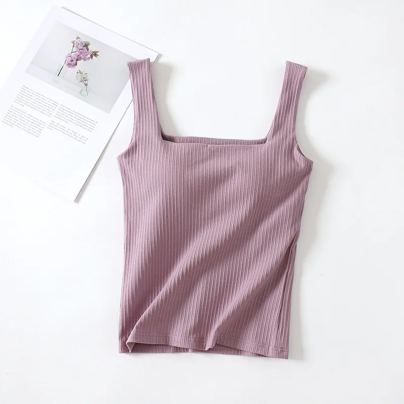 Ribbed Women\'s Camisole Square Neck With Padded Bust Sleeveless Undershirt Solid Color Outerwear Concealing Side