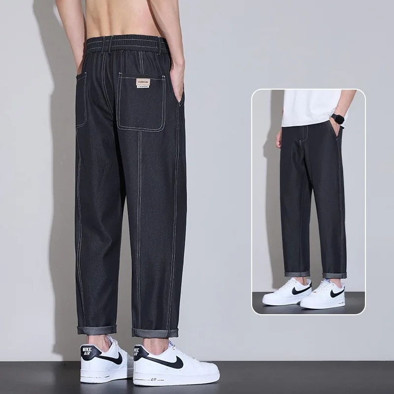 Men Jeans Summer Slim Straight Man Pants Wrinkle Free Casual Trousers Trendy Breathable Lightweight Nine Length