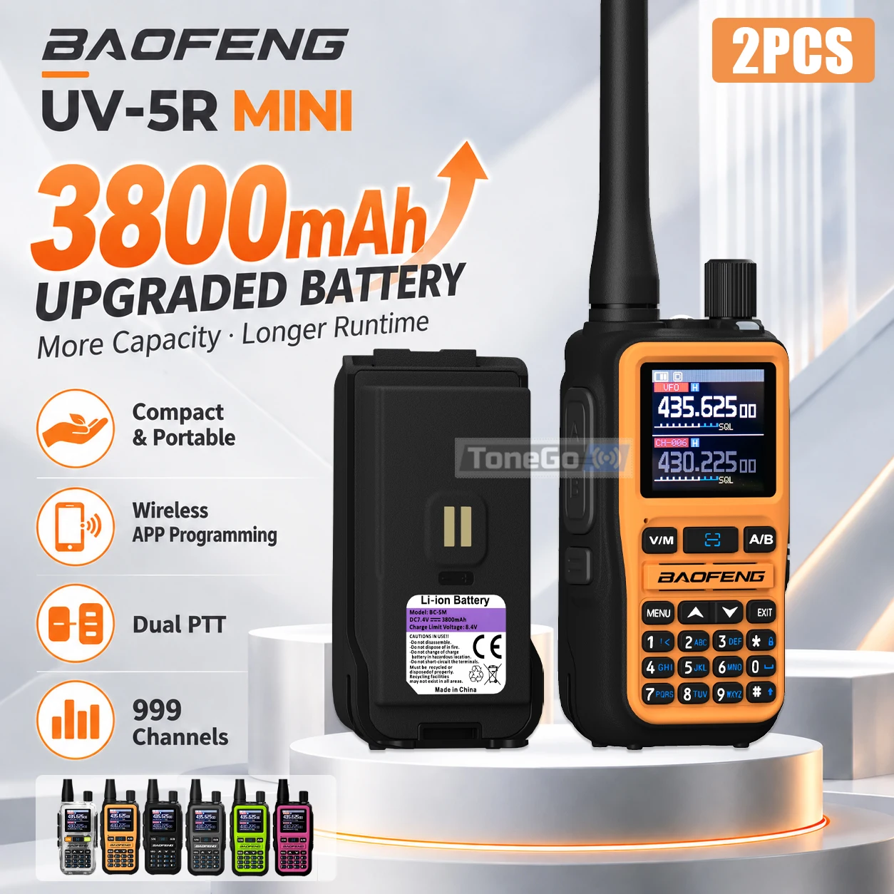 3800mAh Baofeng UV-5R Mini Walkie Talkie VHF UHF Bluetooth Programming Dual PTT 999CH Type-C Portable Long Range Ham Radio 2PCS