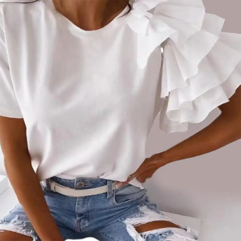 Casual Female T-shirt O-neck Anti Pilling Stretchy Breathable Women Top Layered Ruffle Short Sleeve Lady Shirt Blouse Streetwear