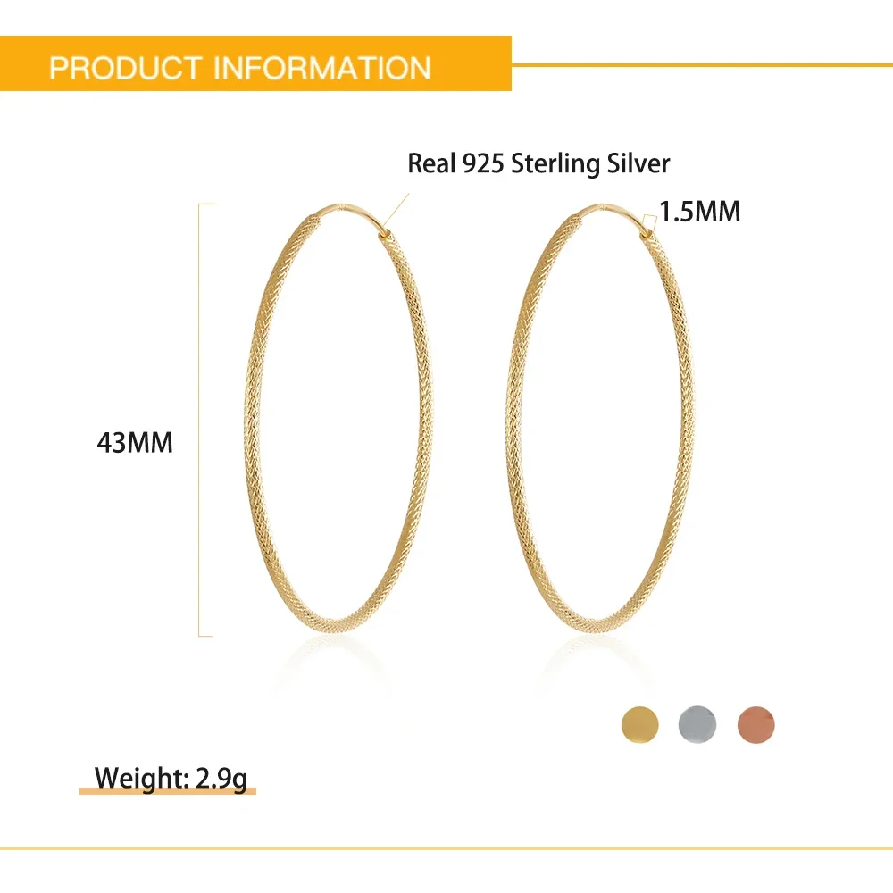 Kameraon Scrub Round Big Hoop Earrings Sparkle Silver 925 Real 40mm Hip Hop Large Circle for Women Fashion Fine Jewelry Gifts