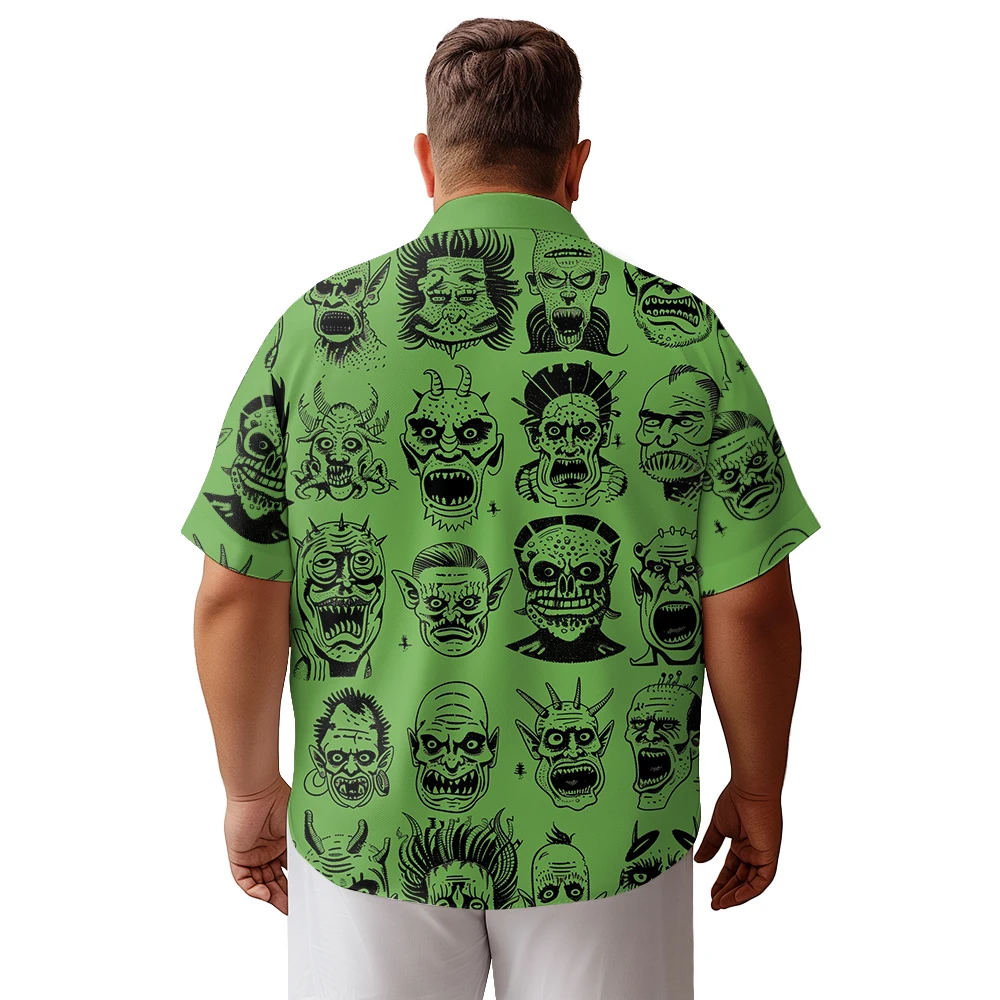 2024 new Hawaii Men's shirts plus size Halloween Green Monster portrait collection printed clothing casual short-sleeved