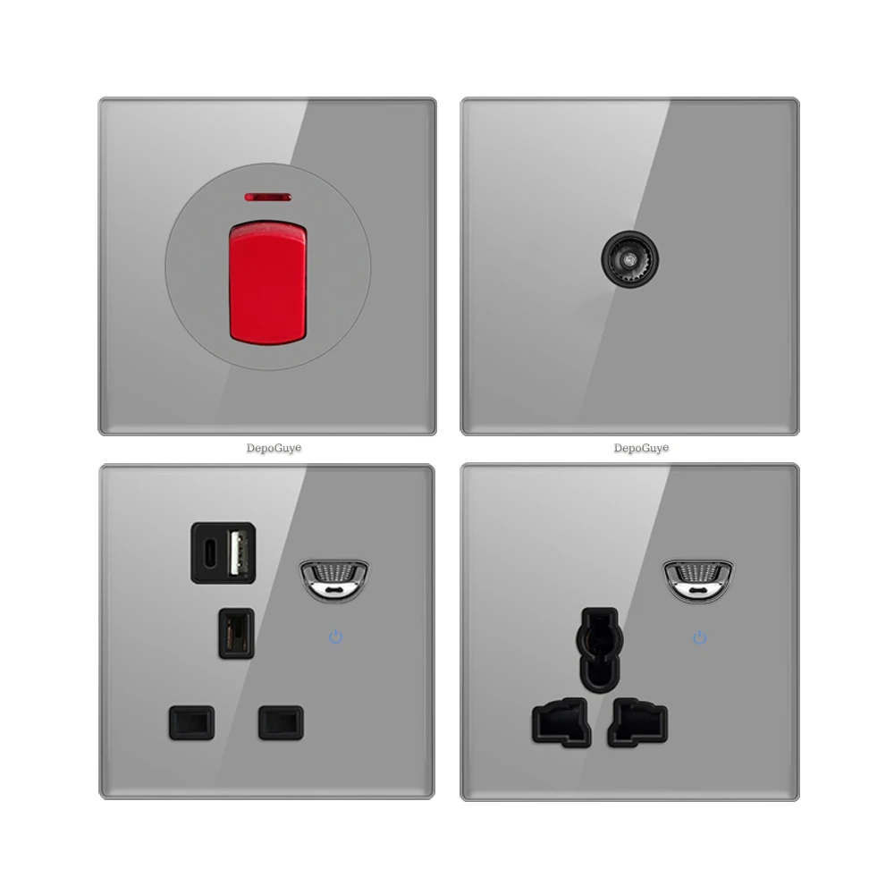 

Laodasi Серый настенный выключатель из закаленного стекла, светодиодная европейская розетка 16a, тумблер в стиле ретро, стандарт ЕС, Великобритания, розетка USB Type-c