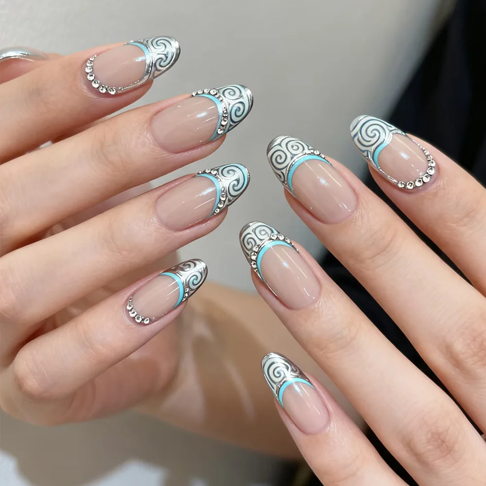 

24pcs Nude Pink & Silver-Blue Cloud Vein Press-On Nails with Rhinestones, Exquisite & Unique, Long Almond Shape, Assorted Sizes