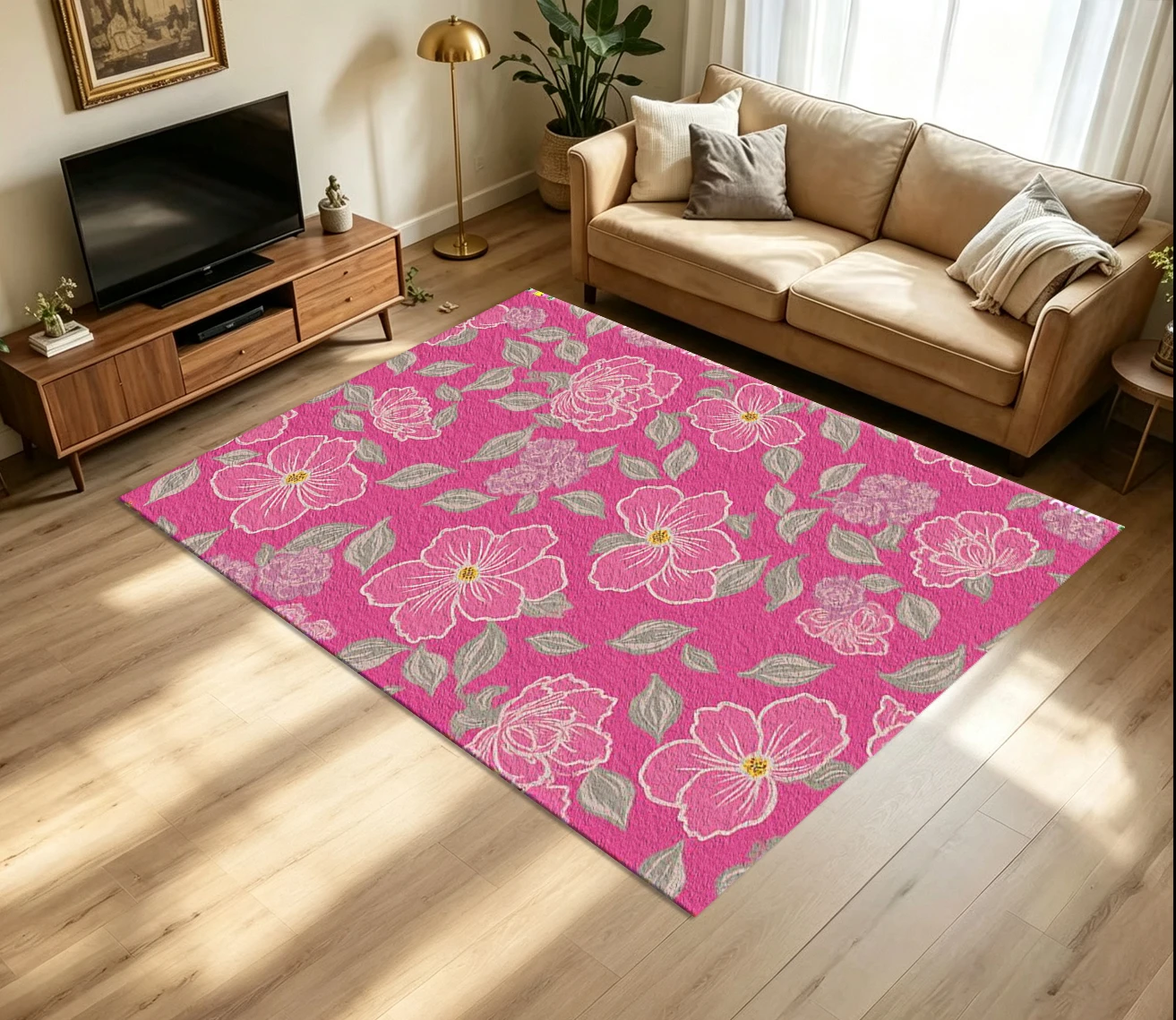 Bright Pink Peony Floral Carpet Flooring Vibrant Large Flower Repeating Print Floor Rug for Household Living Room Home Decoration