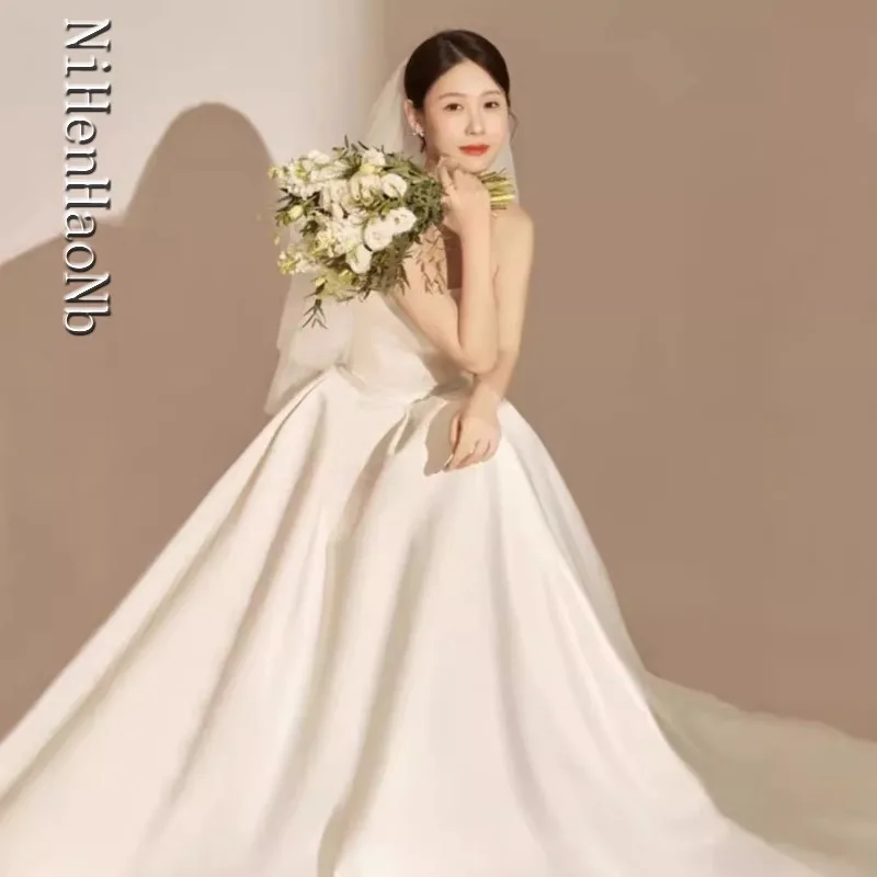 Vestido De Novia ligero francés, Top De tubo para novia, Vestido De Novia De satén Súper Hada, Vestido De Novia De bienvenida