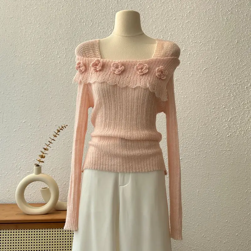 

Temperament Long Sleeved Knitted Shirt Women's Spring and Autumn Fashion Slim Fit One Shoulder Versatile Bottom Shirt Flower Top