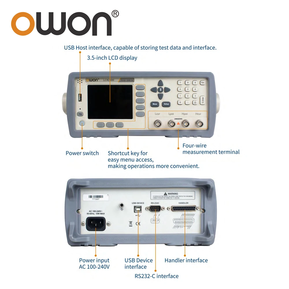 OWON Digital LCR Meter LCR2000 Series,10Hz to 20k/100k/200k/300kHz Frequency Test,3.5inch LCD,0.05% Accuracy,USB RS232 Handler