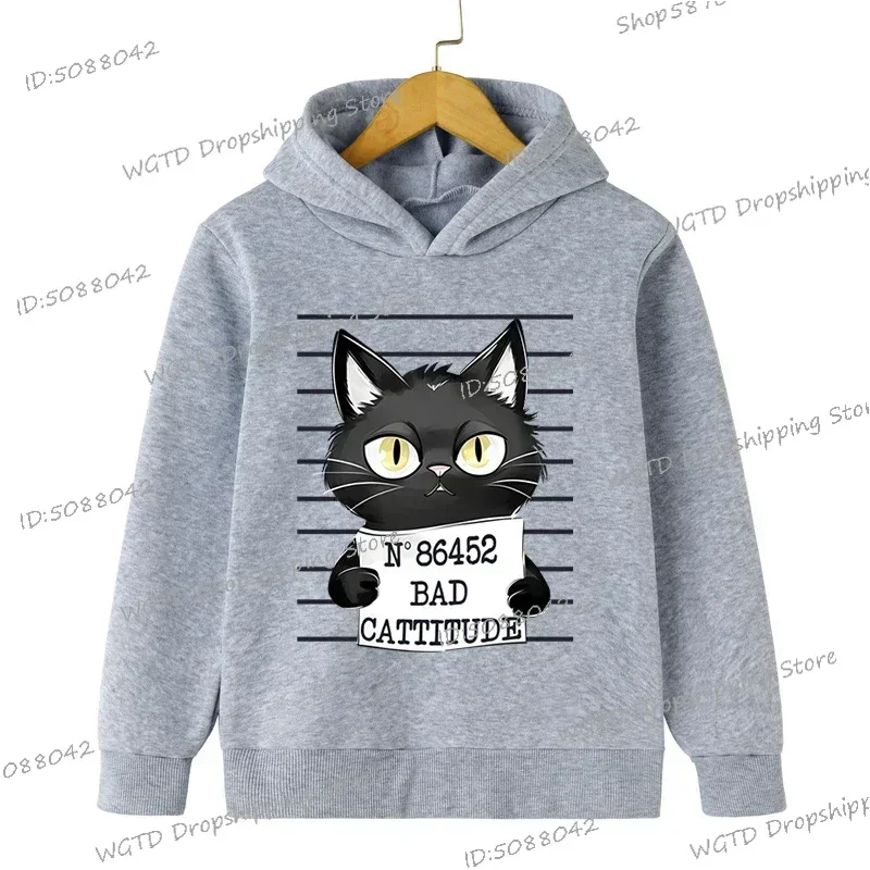 Criminal Cat Series Hoodies Baby Boy Sweatshirts Funny Black Cat Kids Clothes Girls Long Sleeve Streetwear Child Animal Hoodie