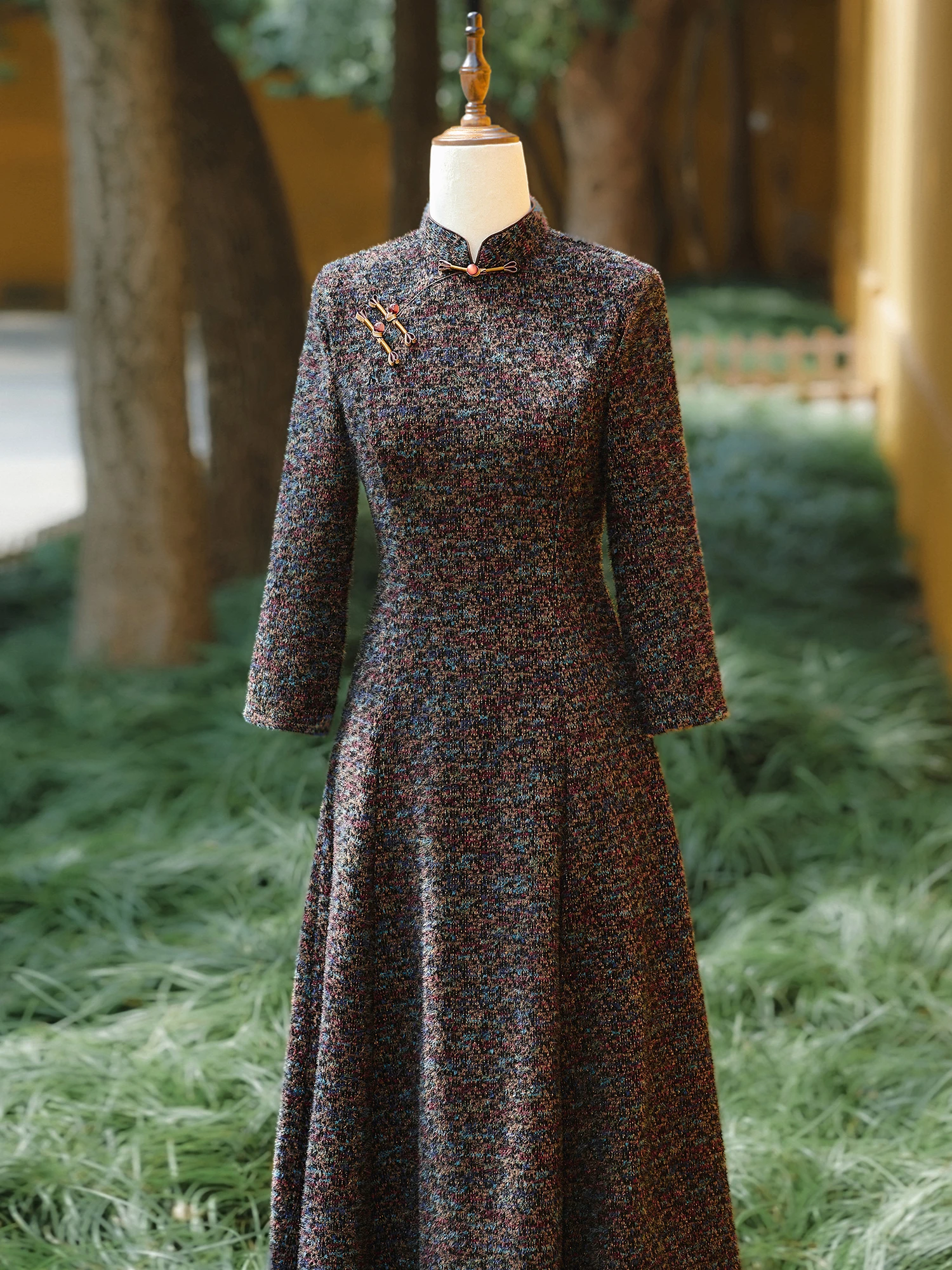 

Retro New Chinese Sle Long Sve Mom Velvet A-Line Dr Daily Wear Warm Polyester Fiber Midi Qipao Dr