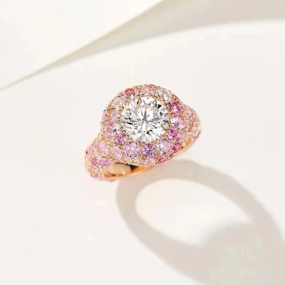 18K Gold Plated 925 Sterling Silver Ladies Ring Sparkling Round-Cut Lab Sapphire Gemstones Cocktail Girlfriend Gifts F