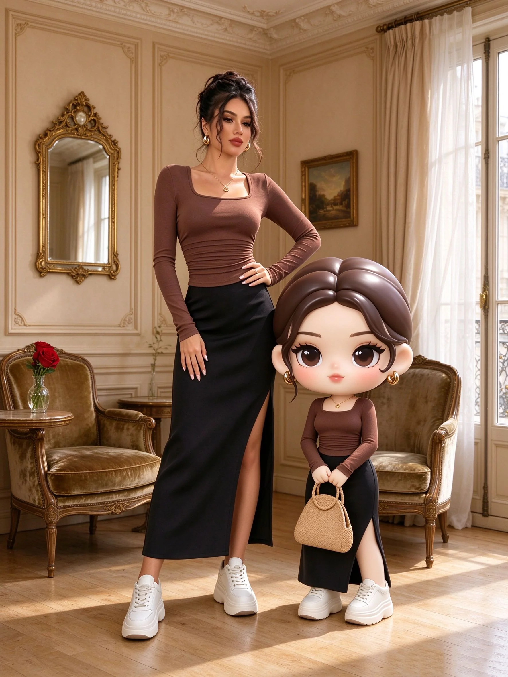 Women's Solid Color Casual Square Neck T-Shirt Top with Elastic Waist Long Sleeves Skirt Set Split Detail