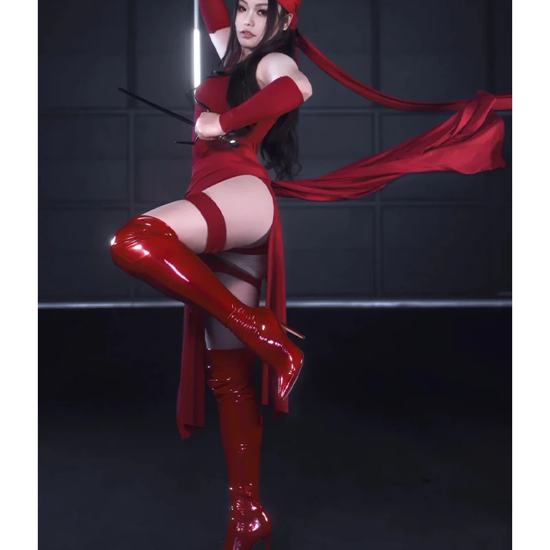 

YiNuo*/Elektra Natchios Cosplay Costume Women's Fashion Sexy Red Battle Suit Full Set With Bandana Halloween Superhero Outfits