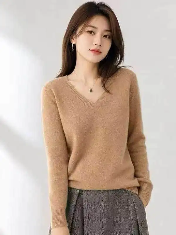 Spring Autumn Winter New Style V-Neck Long Sleeve Women's Knitted Pure Color Soft Trendy Top Elegant Fashion Soft Cozy Knitwear