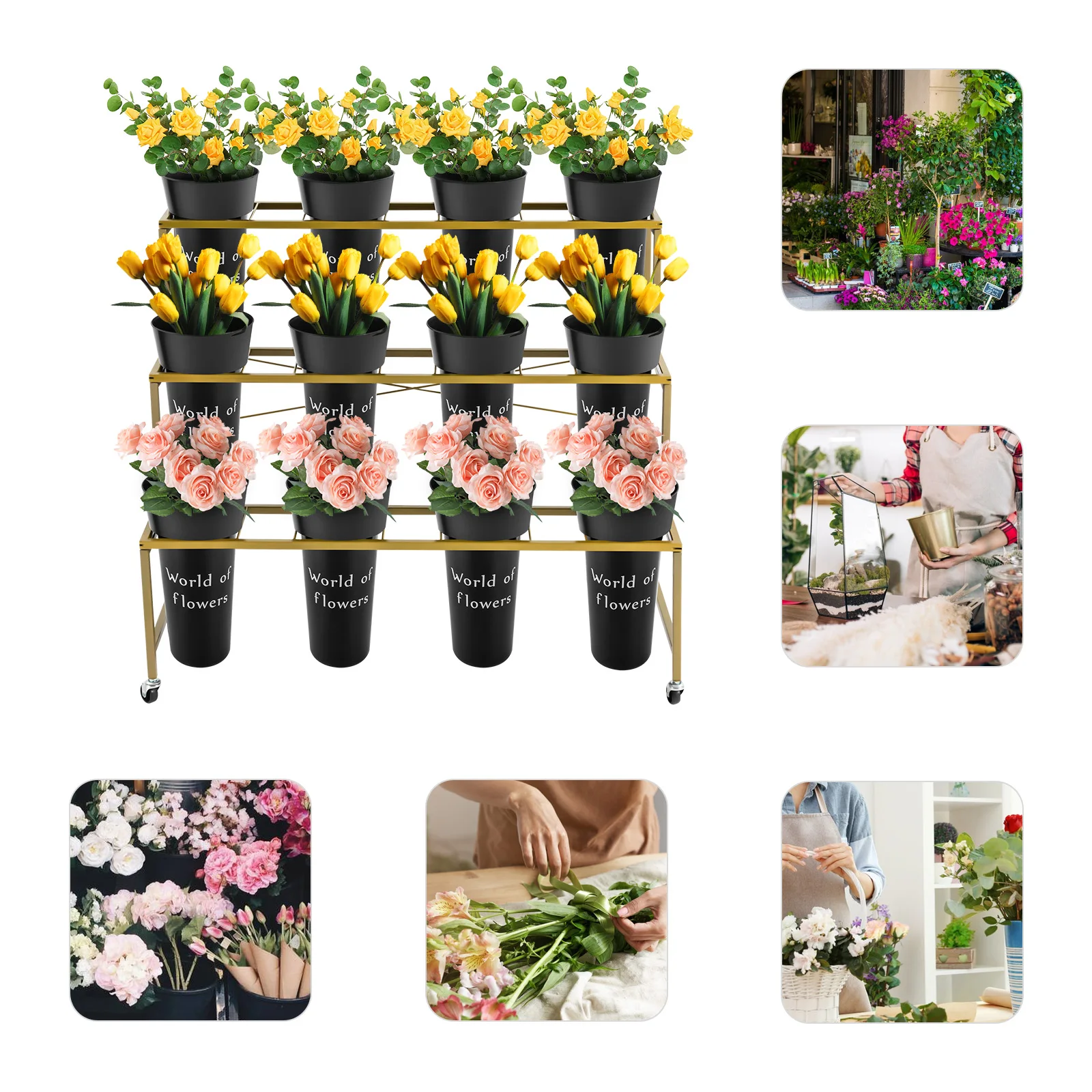 Flower Display Stand with 12pcs Buckets 3 Layers Metal Plant Stand Moving Plant Cart Shelf 50kg Load for Living Room/Florist