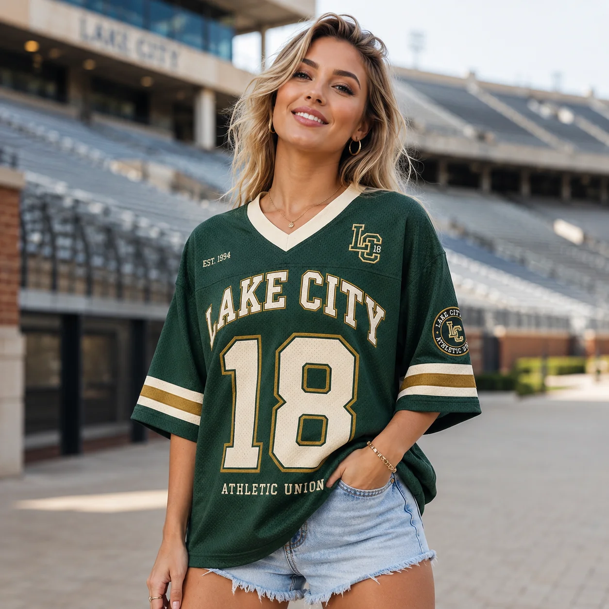 Women's T‑shirt V Neck Short Sleeve Green 18  Letter Jersey Loose Vintage Varsity Sport Streetwear Casual Oversized Tops