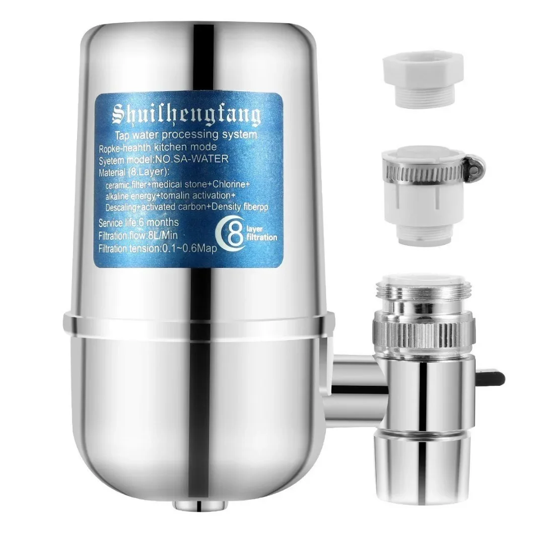 Water Filter for Sink,8 Layers Faucet Mount Water Filtration System,BPA-Free Double Water Outlets,Remove Scale,Chlorine,Sediment