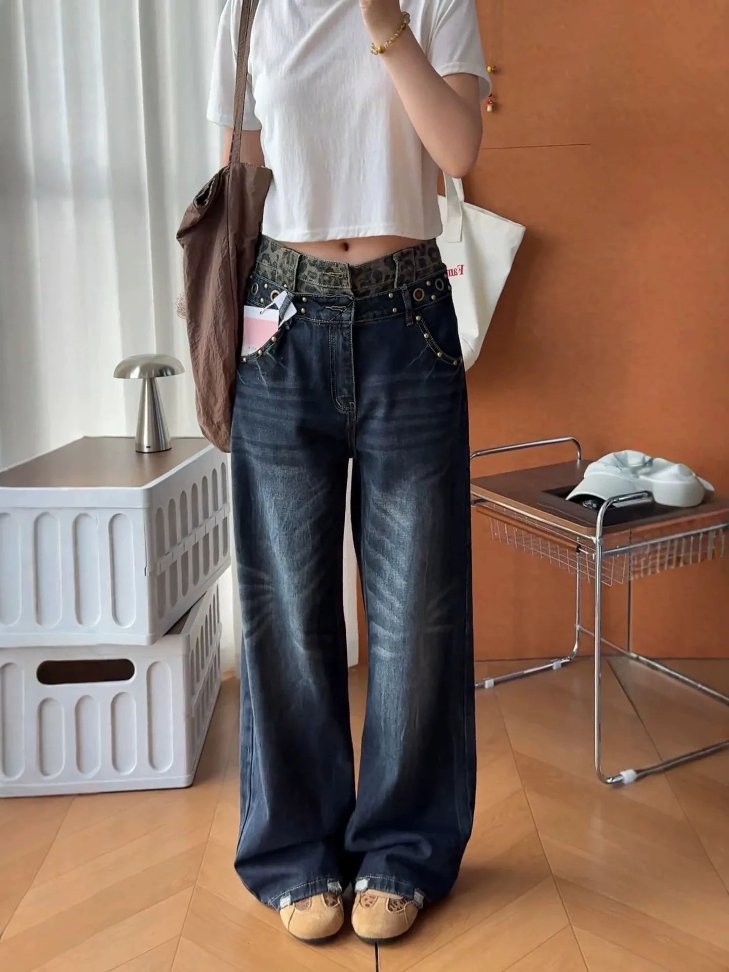 plus Size American Retro Leopard Print Patchwork Double Waist Denim Pants Women's Casual Loose Wide Leg Jeans Autumn New Style