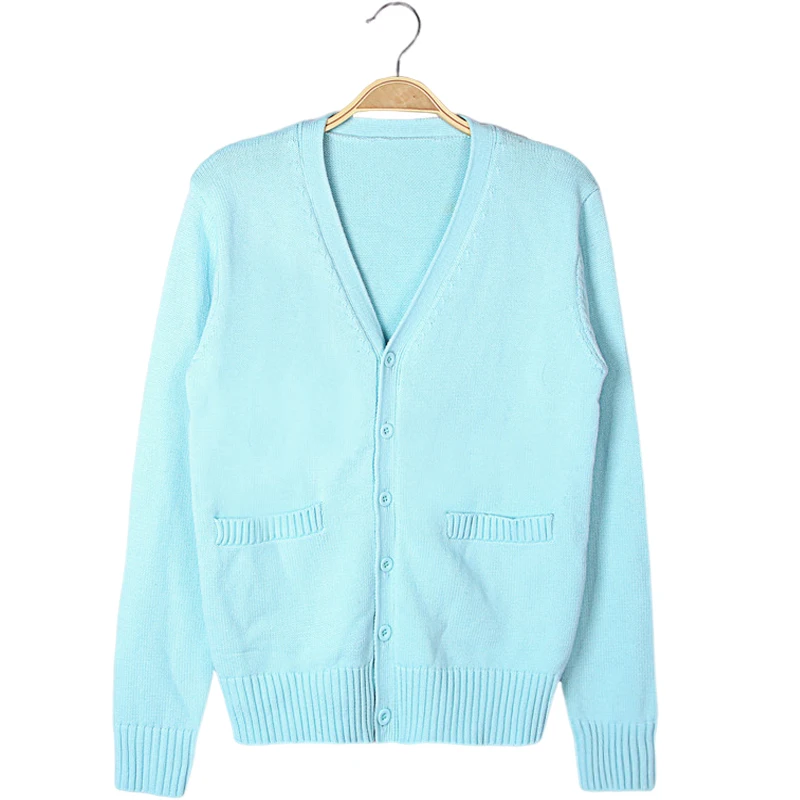 Japanese College Style Cotton Knitted Sweater Cardigan Aqua Blue Women Long Sleeved JK Uniform Sweater Jacket Top V Neck Casual