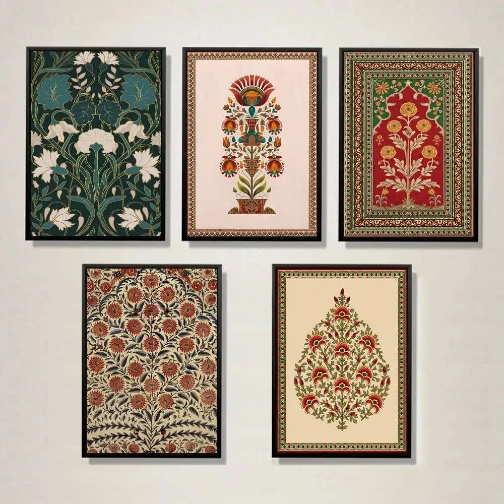 Classic Hand Drawn Ethnic Bloom Poster Vintage Ornamental Floral Border Print Bohemian Cottage Style Interior Wall Hanging Decor