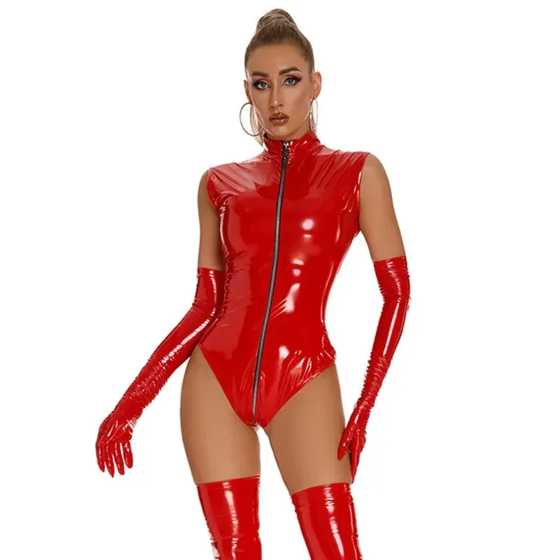 المرأة المثيرة مثير PVC اللاتكس ارتداءها فو الجلود Catsuit المرأة لامعة فو الجلود ارتداءها الجبهة زيبر ثوب بودي كون
