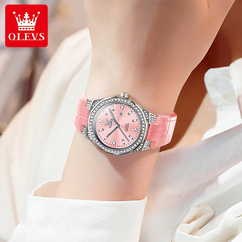 OLEVS Women\'s Watches Young Fashion Original Quartz Watch for Girl Pink Dial Waterproof Leather Strap Luminous Date Trend Casual