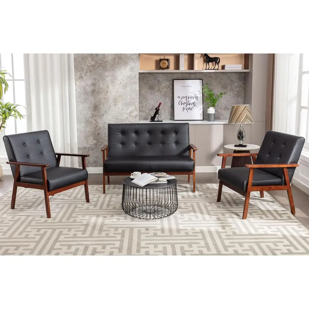 

Loveseat Sofa and 2 Accent Chairs Set, Modern Wooden Arm Couch and Chair Living Room Furniture (Black)
