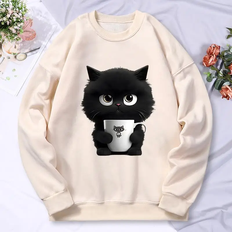 

A Kitten Holding Cup Print Women'S Hoody Fashion Comfortable Sweatshirt Casual Fleece Hooded Autumn Versatile Tracksuit Female