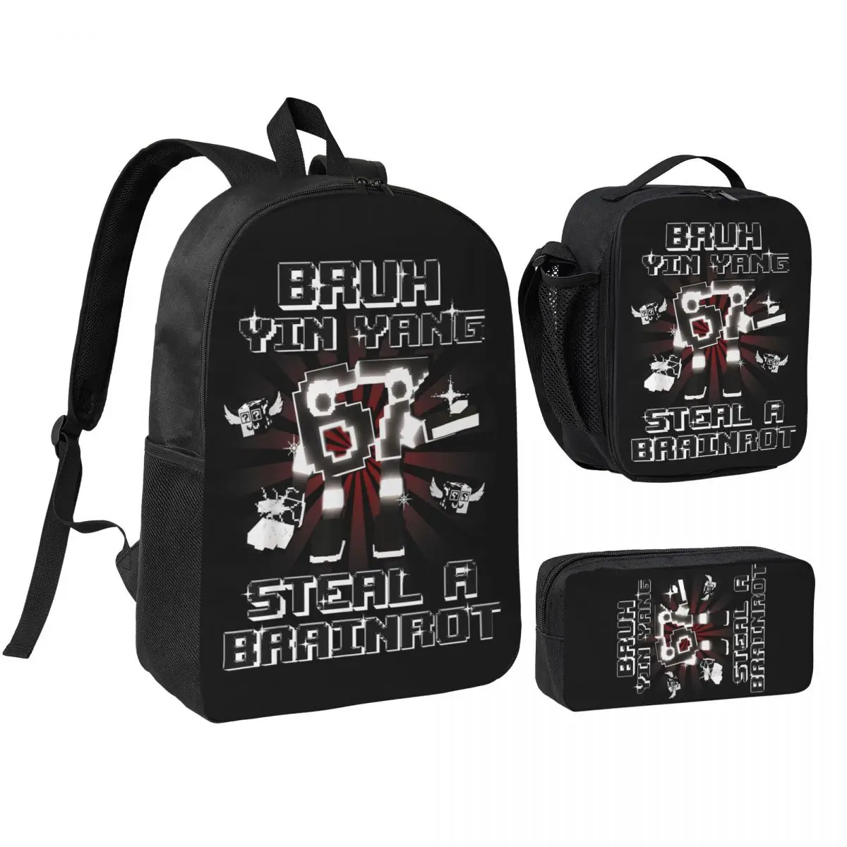 3pecs/set Bruh Yin Yang 67 Six Seven 6-7 Funny Brainrot Backpack for Student High School Daypack Lunch bag Pencil Case