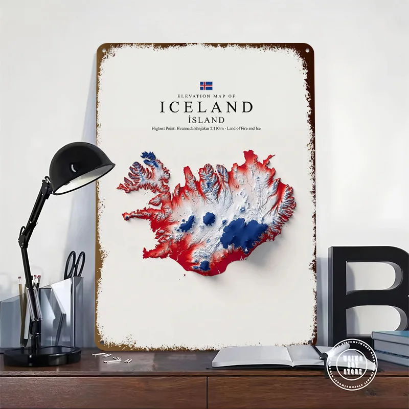 Elevation Map of Iceland Personalized 3D Textured Metal Poster Wall Art Vintage Tin Signs for Wand Deko Gaming Decoration Room