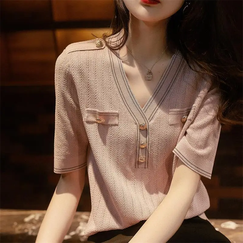 2025 Summer Women's New Fashion Small Fragrance Style Short Sleeve Top V-Neck Keep Slim Ice Silk Knitted Button Top A215