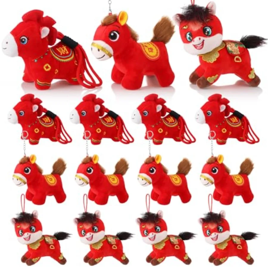 

Набор из 12 плюшевых украшений в виде лошадей, 6,3 дюйма, красные, к Китайскому Новому году, 2026 год Лошади, оптовые декорации для дома к Лунному Новому году