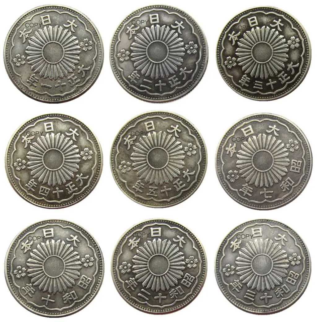 JP(84-92) 9pcs Japan Asia Taisho 11/12/13/14/15 Year Showa 7/10/12/13 Year 50 Sen Silver Plated Coin Copy