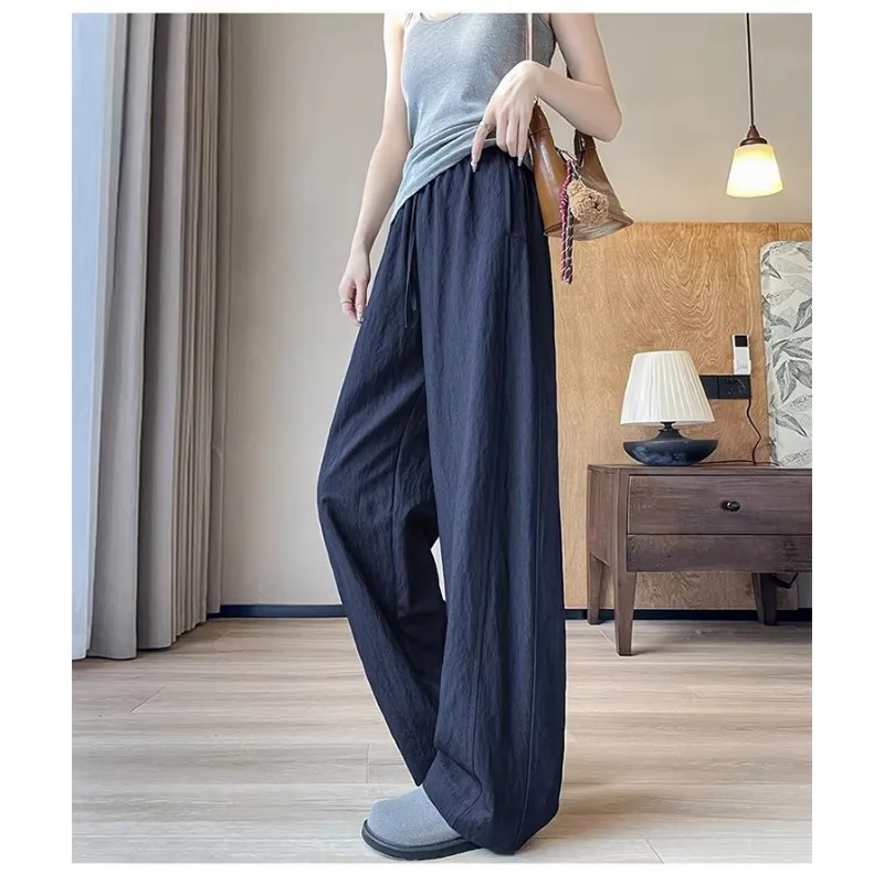 Women Elastic Drawstring Ice Silk Curved Wide Leg Pants Loose Drapey Casual Trousers Multi Colors