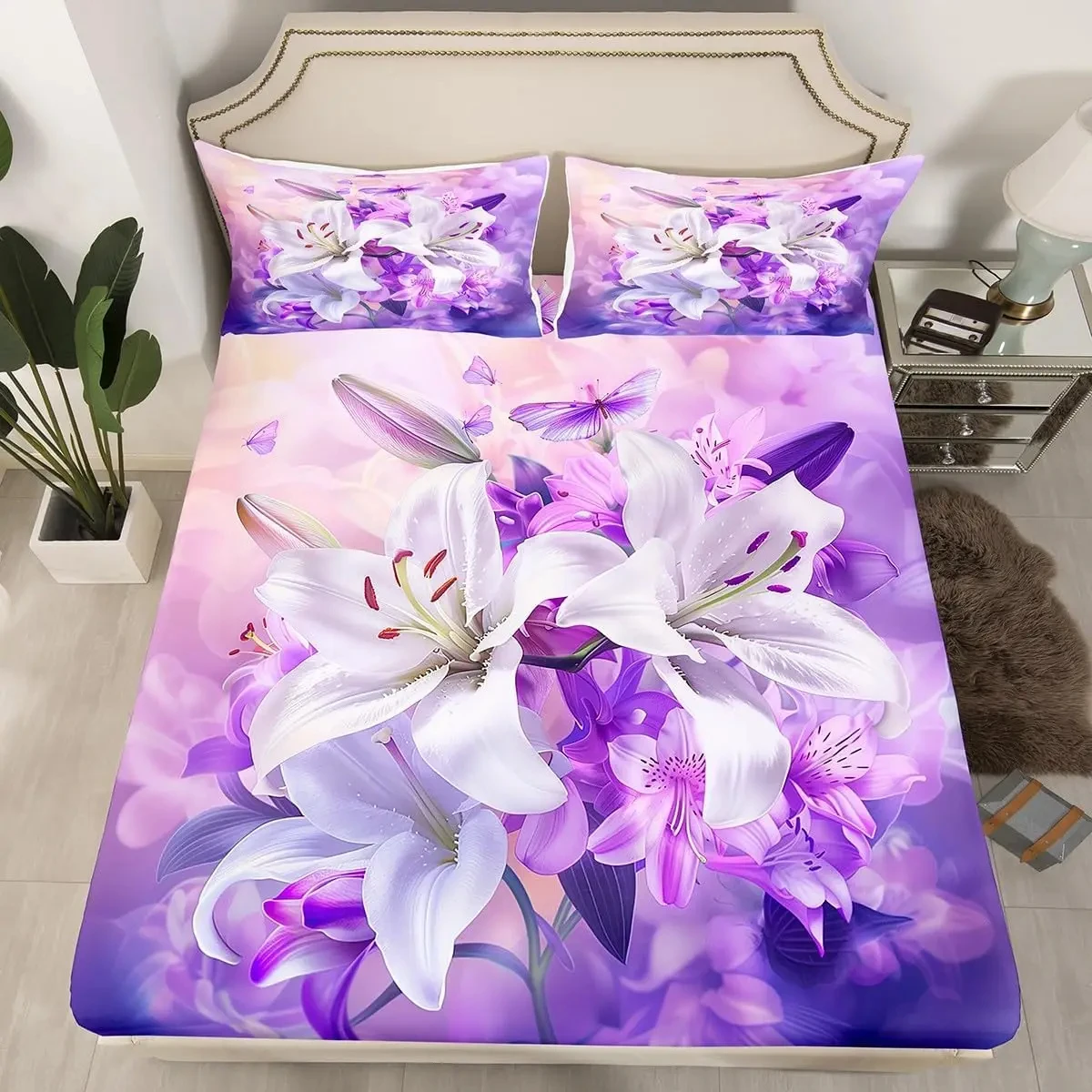 Purple Flowers Fitted Sheet Full Queen,Country Rustic Style Botanical Floral Bed Sheet Set Farmhouse Bed Set, Kawaii Room Decor