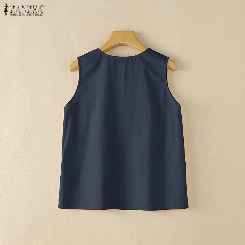 Woman Summer Daily Casual Cotton Linen Breathable Tank Top V-Neck Gathered Details Sleeveless Tops ZANZEA Vacation Beach Blouses