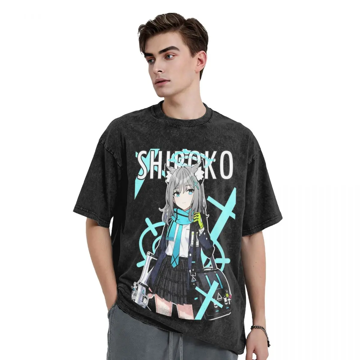 Shiroko Archives T Shirts Hip Hop Washed High Street T-Shirt Game Vintage for Men Women Tops Streetwear Graphic Tops Tees