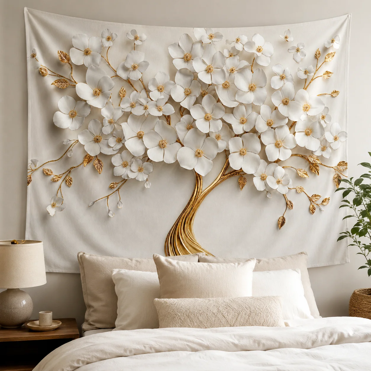 Gold Branch White Floral Tapestry 3D Blossom Tree Wall Art, Neutral Aesthetic Room Wall Decor