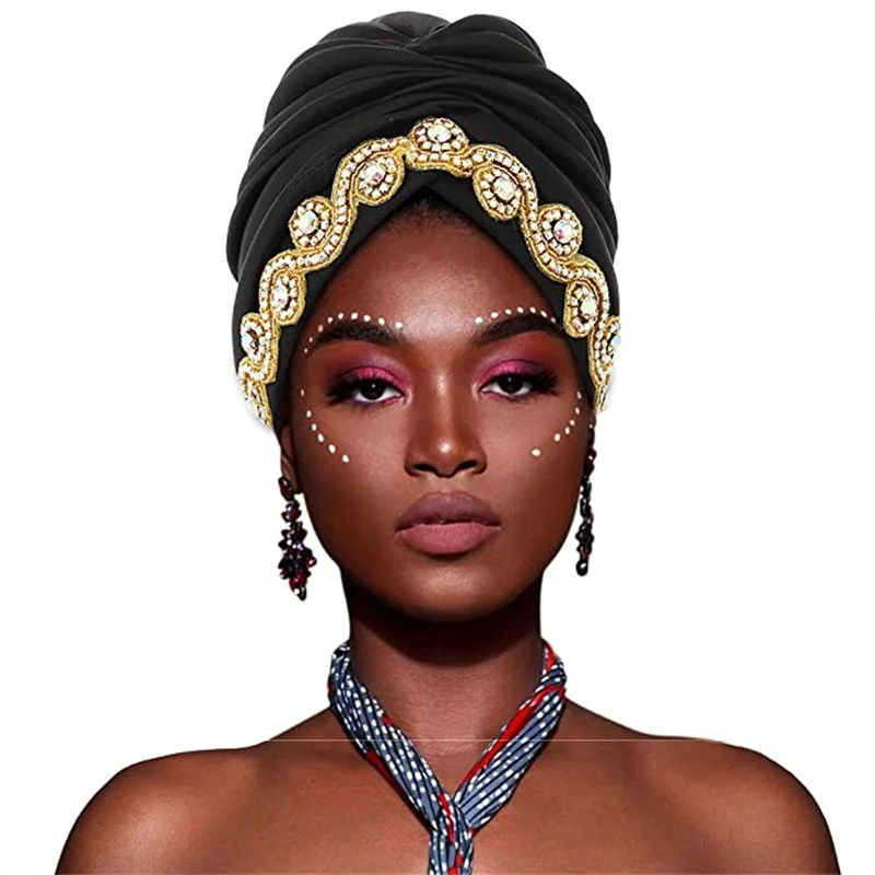 

Shinning Stone Pleated Turban Cap for Women Soild Color India African Headwrap Muslim Headscarf Bonnet Ladies Luxury Beanies Hat