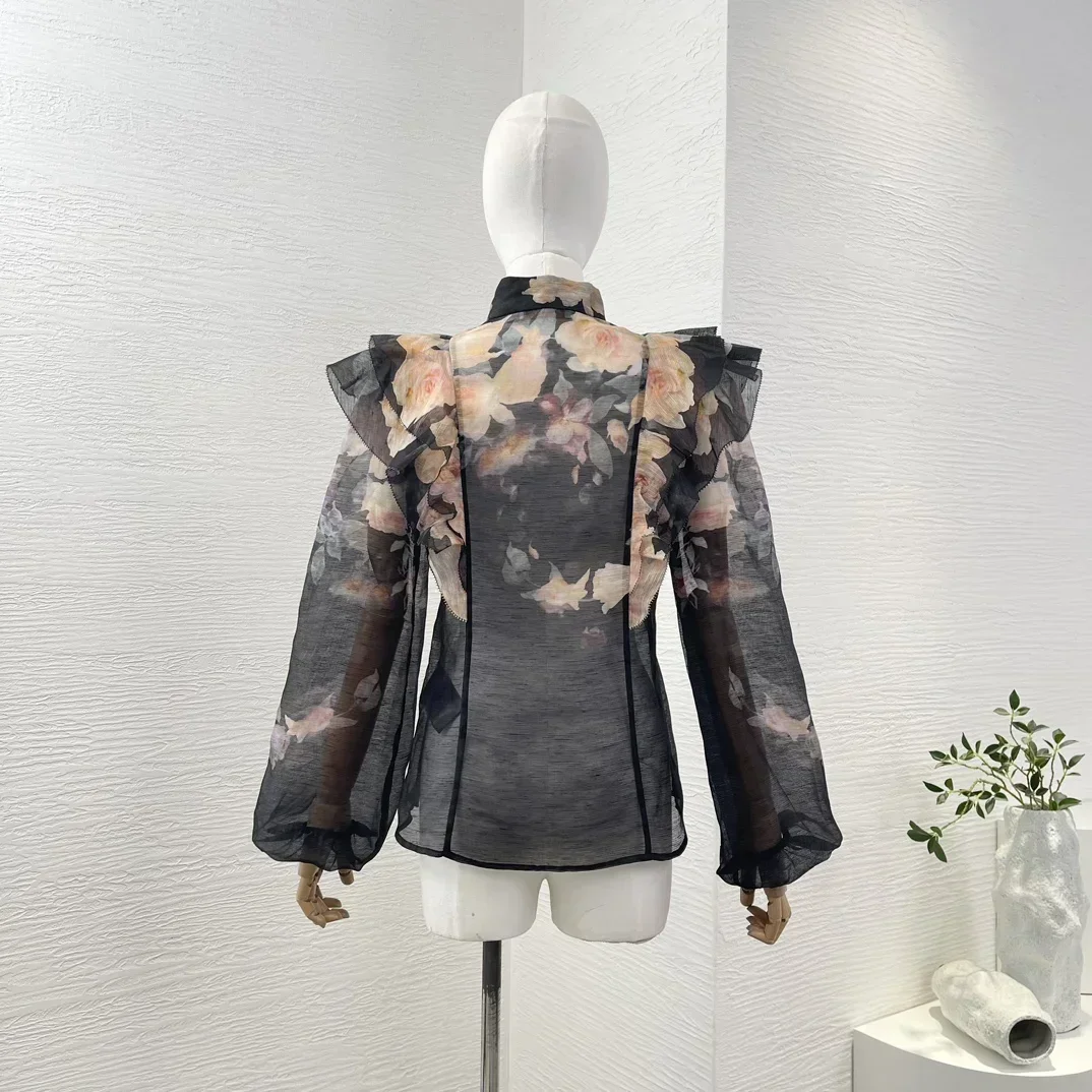 Nueva colección de otoño de seda de lino, blusa de manga larga con volantes y falda por debajo de la rodilla con estampado Floral negro de alta calidad, conjunto de traje para mujer