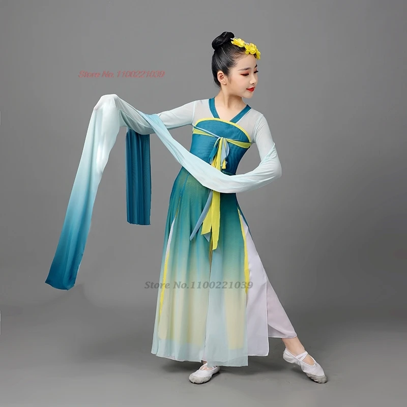 2024 chinese children vintage folk dance costume gradient color chiffon hanfu dress traditional folk dress stage performance