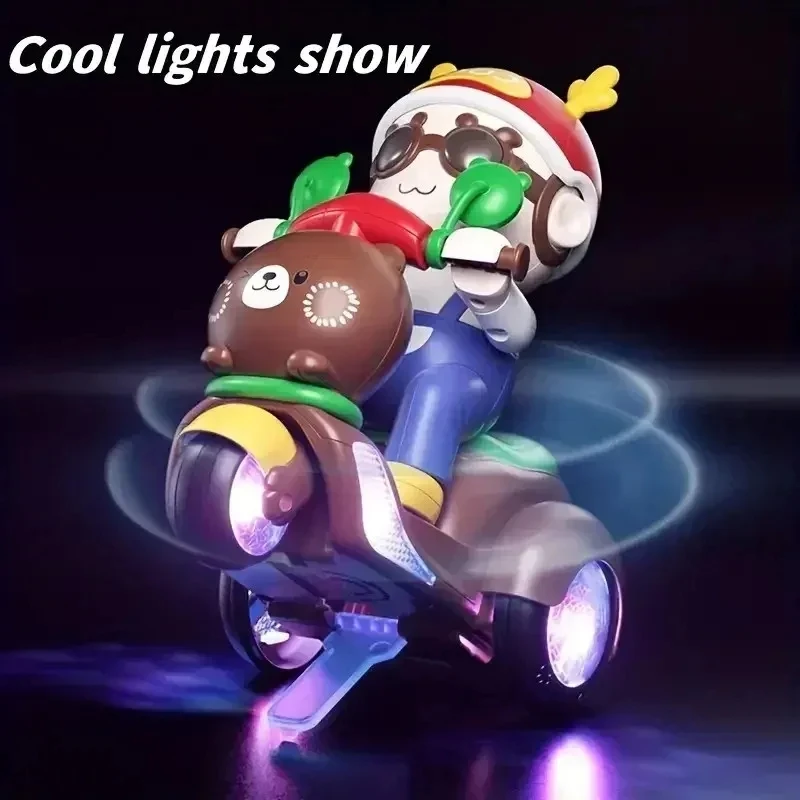 Cartoon Bear Electric Motorcycle Model Stunt 360 ° Rotating Children Toys Household Ornament Motorbike Toys for Motorcycle Fans