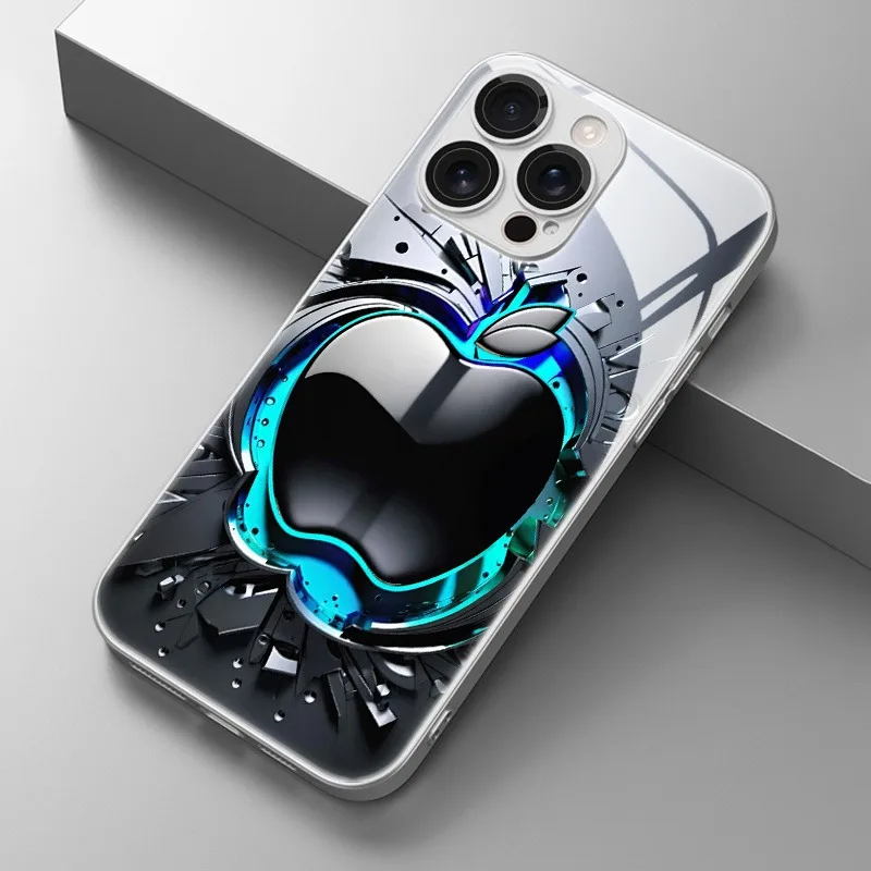 Cool Black Grey For Apple Pattern Glass Electroplated Phone Case For iPhone 17 16 15 18 Pro Max 14 Plus 13 12 11 16E 17Air Cover