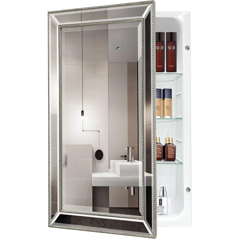 Metro Beaded Retro Medicine Cabinet, Recess or Surface Mount Bathroom Cabinet,with Silver Frame, Door Swinging Left or Right