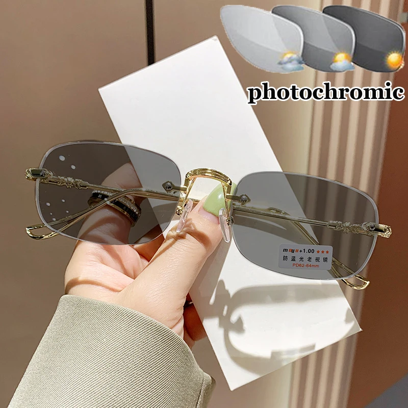 Unisex Women Men Rectangular Color Changing Myopia Glasses Luxury Diamond-cut Photochromic Minus Eyewear with Diopter 0 To -4.0