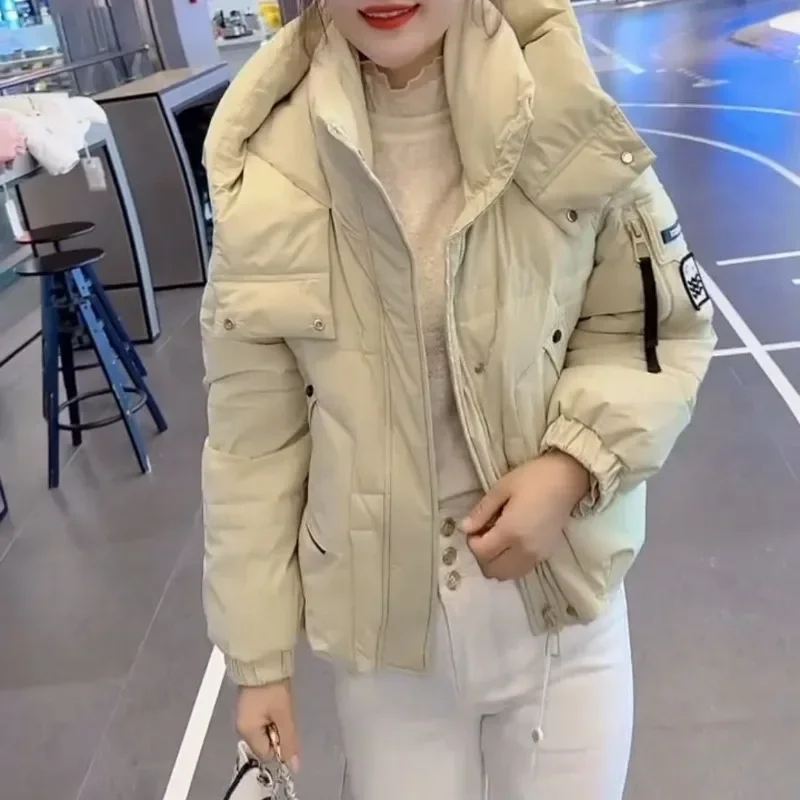 Creamy White Short  Down Jacket Women  Thickened Winter Fashion Small Man Hooded Loose Design Simple Commuter Short Trench Coat