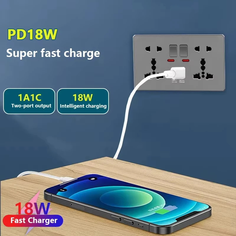 

ELEGAN Grey TypeC Fast Charging Universal 5-pin Dual Power Socket UK Standard 13A Wall Socket with DC 5V 3.1A Type-c USB Charger